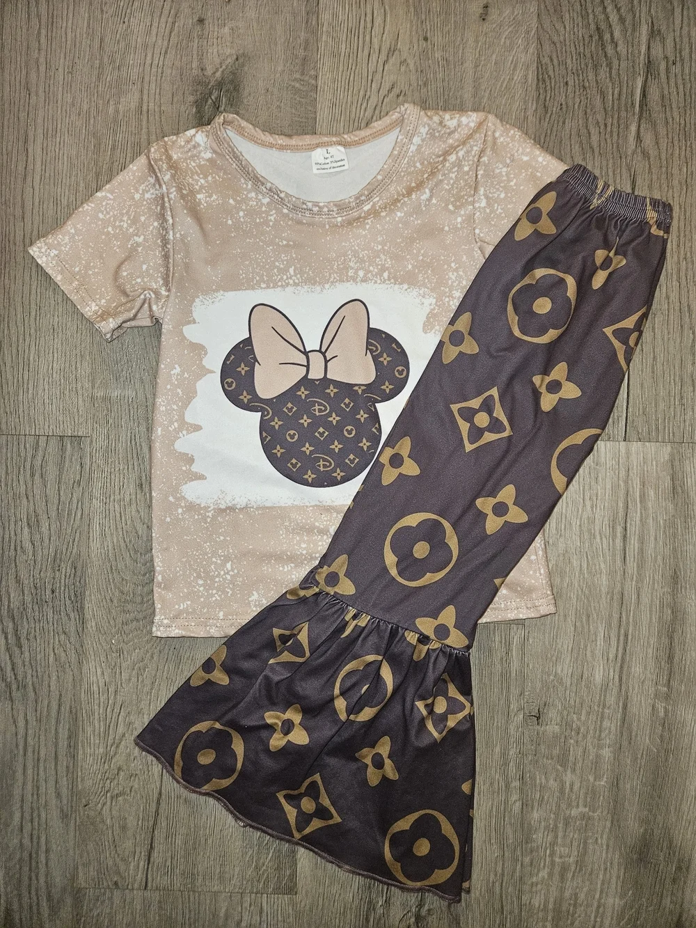 Beige Minnie Mouse Tee and Brown Patterned Bell Pants Set - Picture 1 of 6